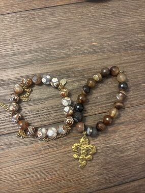 Brown Agate Beaded Bracelet Set with Gold Accent Charm